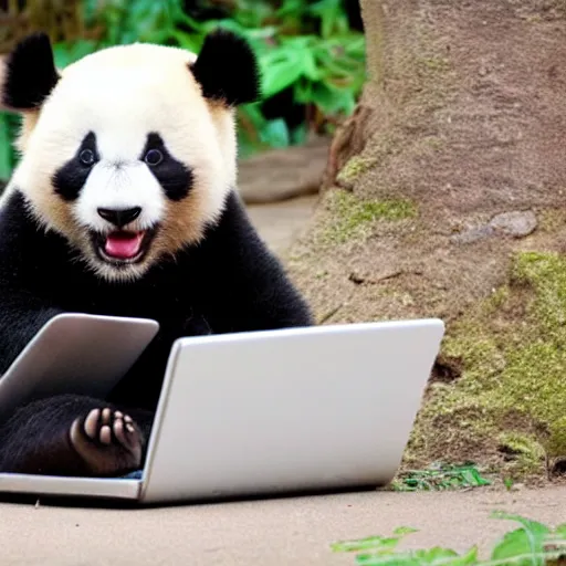 Image similar to a cute but tired baby panda working on a laptop in the zoo and yawning