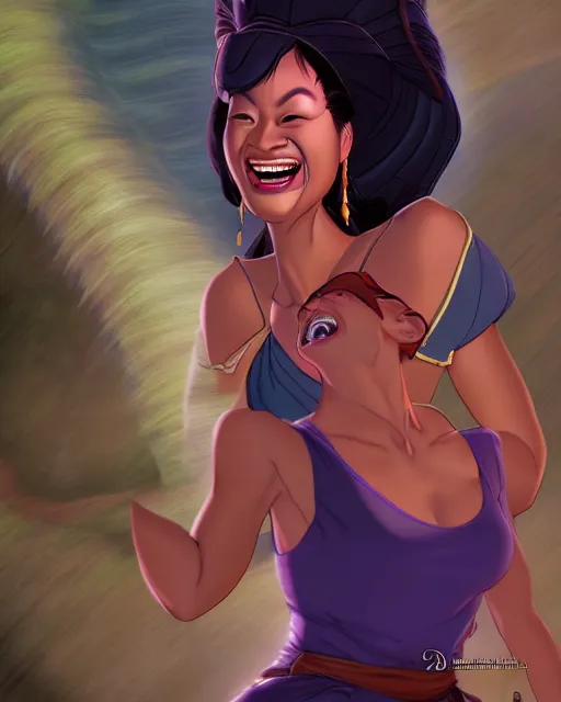 Image similar to laughing heavy - set filipina woman character portrait, by don bluth, sci - fi environment, highly detailed, dynamic shadows, 4 k, wallpaper - 1 0 2 4