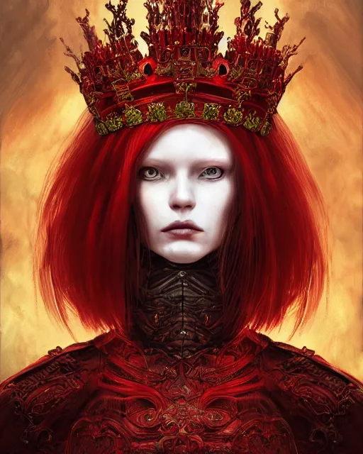 Image similar to redhead queen in heavy red armor, inside an epic gothic castle, baroque, large crown, face with scars, mad grin, intimidating, ominous, high fantasy, intricate detail, digital painting, artstation, concept art, smooth, sharp focus, illustration, art by yoshitaka amano and monia merlo and wlop