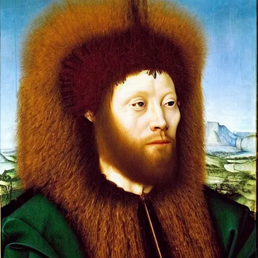 Image similar to portrait of a king with a lions head for a head, oil painting by jan van eyck, northern renaissance art, oil on canvas, wet - on - wet technique, realistic, expressive emotions, intricate textures, illusionistic detail