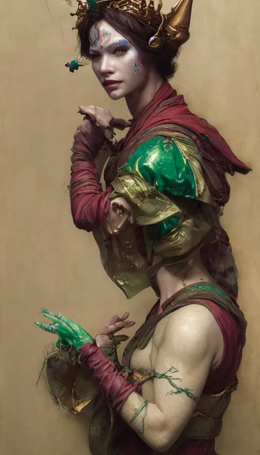 Prompt: epic masterpiece portrait of a female jester, sweaty skin, hyperrealistic, octane render, cinematic, beautiful face and flawless skin, perfect hands, emeralds by Edgar Maxence and Ross Tran and Michael Whelan, Legends of Runeterra