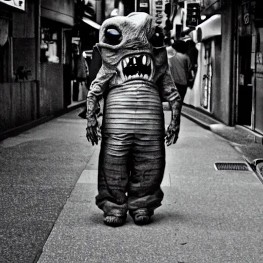 Image similar to photograph of a japanese monster, tokyo street, scary, uncanny