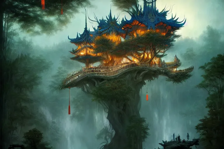 Image similar to treehouse from gaudi in a deep mystical forest , floating chinese lampoons, lake, waterfall, tall people walking and discussing, dynamic lighting, art by peter mohrbacher on artstation, mix with rivendell architecture, night mood