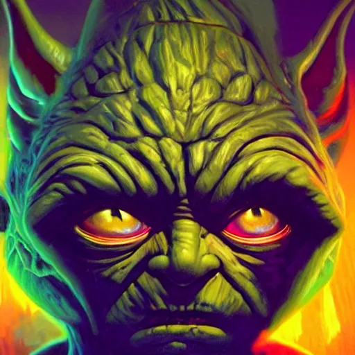 Image similar to portrait of angry eye yoda as a dark sith, overwhelming energy, detailed background by m. w. kaluta + bruce pennington, dark side, neon color, volumetric lighting, colorful vapor, deep dark color, floating molecules, digital painting, oil painting, artwork by ralph mcquarrie + cory loftis + andreas rocha + paul lehr + ian mcque + eddie mendoza