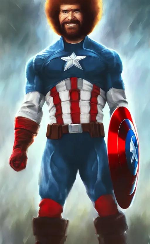 Image similar to bob ross as captain america, dynamic lighting, cinematic, ultra detailed, trending on art station, stunning visuals, creative, fantasy concept art