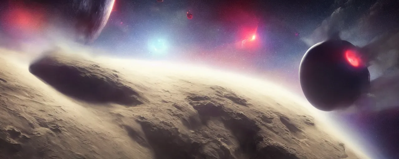 Image similar to cool smooth space colours, cinematic render of atmospheric diffuse deep space, asteroid belt, diffuse fog void, atmospheric perspective, volumetric lighting, cathrin machin, the expanse, john harris