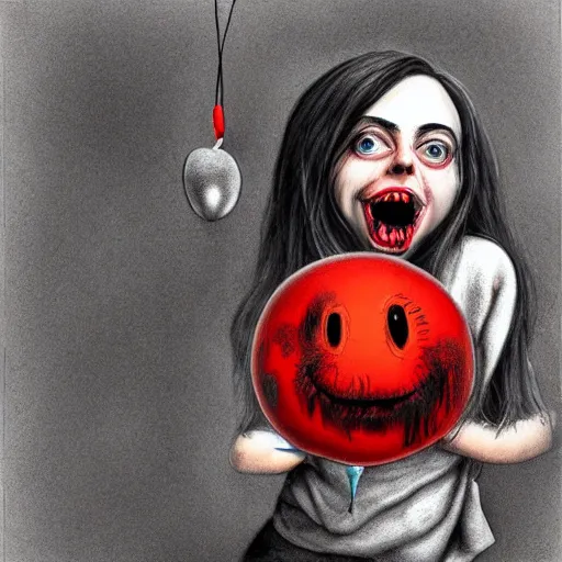 Image similar to surrealism grunge cartoon sketch of billie eilish with a wide smile and a red balloon by - michael karcz, loony toons style, horror theme, detailed, elegant, intricate