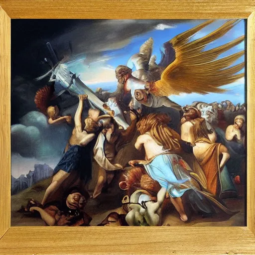 Prompt: realism era painting of a meme being taken to valhalla by angels, oil on canvas, wooden frame