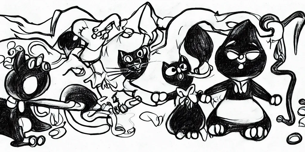 Image similar to a detailed drawing of a surprised black cat, behind a smurf and a demon, modulated line