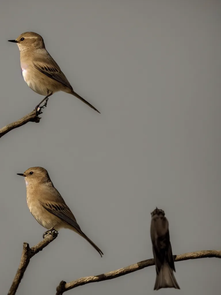 Prompt: single man knows to hear birds sing while in an empty room, delicate