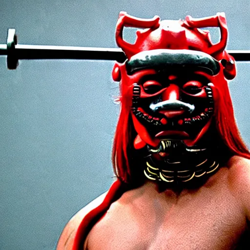 Image similar to big buff very strong very buff samurai wearing a cybernetic oni mask, movie still