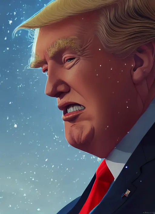 Prompt: donald trump, single centered subject, mid shot, ambient lighting, detailed face, by makoto shinkai, stanley artgerm lau, wlop, rossdraws