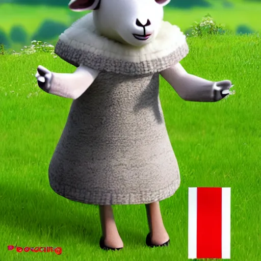 Image similar to a photorealistc sheep character wearing dress, speaking german greetings
