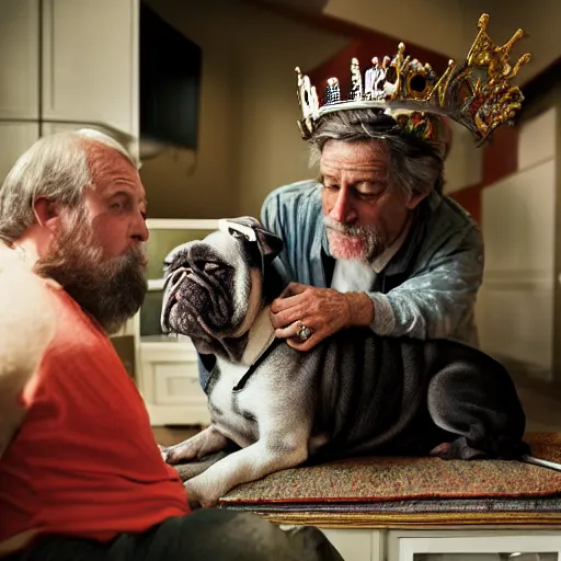 Prompt: Buddy the graying middle aged homeless man playing xbox and petting King Charles the english bulldog wearing a crown, dog wearing a crown, photo by Wes Anderson