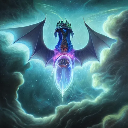 Prompt: a metallic bioluminescent alien dragon flying in outer space, epic nebula, Dan Seagrave art