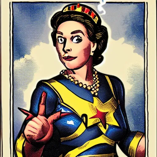 Image similar to Queen Elizabeth as Captain Britainica from Marvels Avengers, age of Duracell