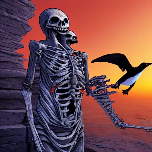 Prompt: end of days skeleton overlords enslaves penguin-human hybrids, landscape, 4k, detailed, cartoon