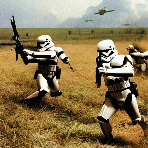 Image similar to star wars clone troopers combat soldiers in vietnam, photo, old picture, lush landscape, field, firearms, explosions, xwings, aerial combat, active battle zone, flamethrower, air support, jedi, land mines, gunfire, violent, star destroyers, star wars lasers, sci - fi, jetpacks, agent orange, bomber planes, smoke, trench warfare