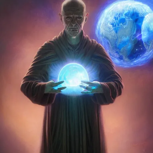 Image similar to the creator of worlds wearing a cloak and holding a holographic planet projection in his hand, detailed, sci - fi, digital painting, artstation, sharp focus, illustration, ominous, artgerm, tomasz alen kopera, peter mohrbacher, donato giancola, joseph christian leyendecker, wlop, frank frazetta