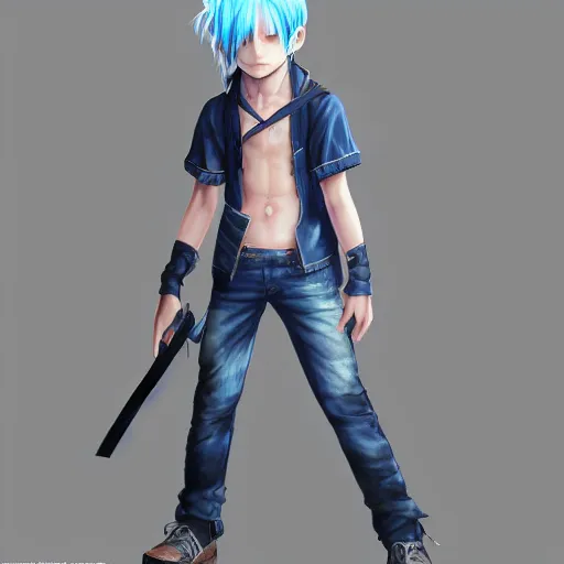 Prompt: young boy, blue hair, long hair, highly detailed 3D render, 8k, rpg concept art character, jrpg character, manga, anime, video game character