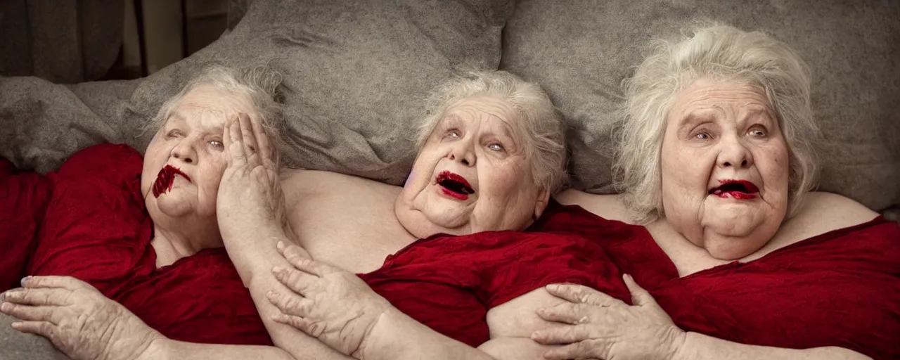 Image similar to a beautiful cinematic poetic scene, full body, of an old sweet fat lady, with a red mouth, blue eyes, lying on a fancy bed. clear face. subsurface scattering shiny skin. beautiful lighting, 4 k post - processing, trending in art station, cg society, highly detailed, 5 k extremely detailed, 3 d. cinematic scene. sharp image.
