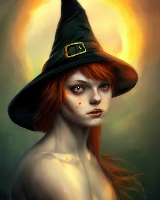 Prompt: cute witch, perfect face, black pointed hat, halter top, ginger hair, abs, cinematic, freckles, stunning, adorable, athletic, strong, agile, highly detailed, psychedelic, digital painting, artstation, smooth, hard focus, illustration, art by jessica rossier and and brian froud