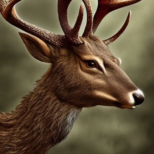 Image similar to hybrid between deer and dragon, profile, fantasy, extremely detailed, nature photography, artstation