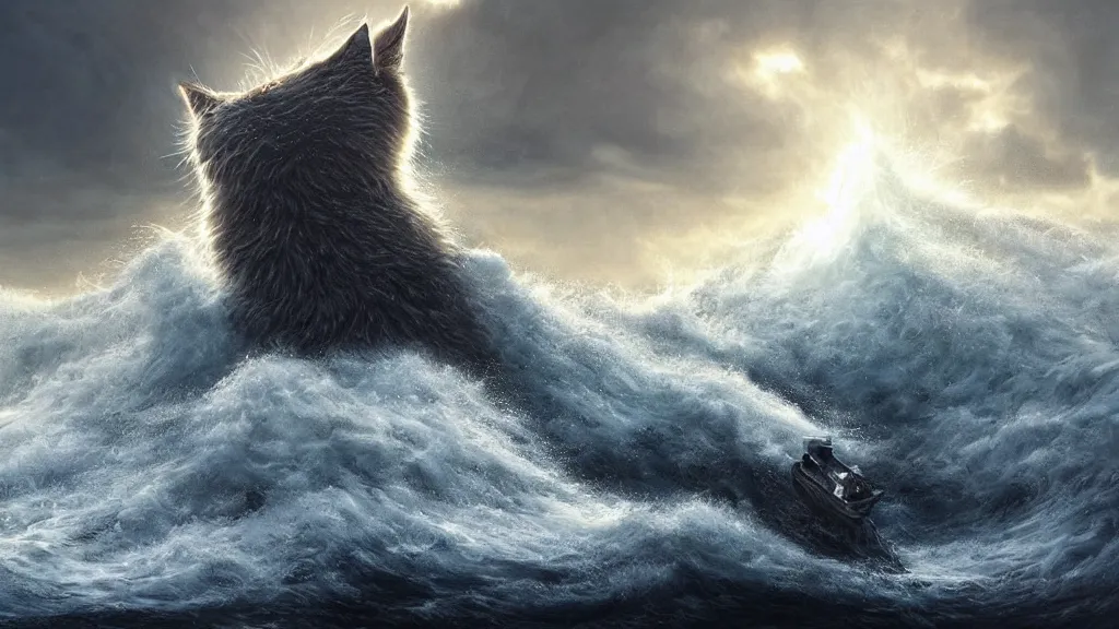 Image similar to a gigantic cat bursting out of a stormy sea attacking a small sail boat, wet fur, giant waves, sunbeams in background, intricate, detailed, volumetric lighting, sharp focus, scenery, photorealism, digital painting, highly detailed, concept art, by by aleski briclot and alexander'hollllow'fedosav and laura zalenga