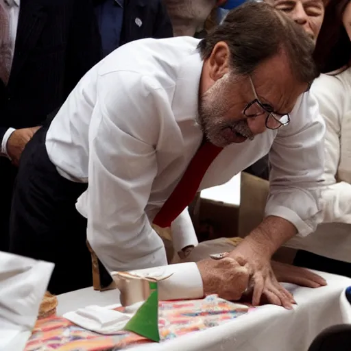 Prompt: of mariano rajoy snorting a line of cocaine from a table in the middle of a party