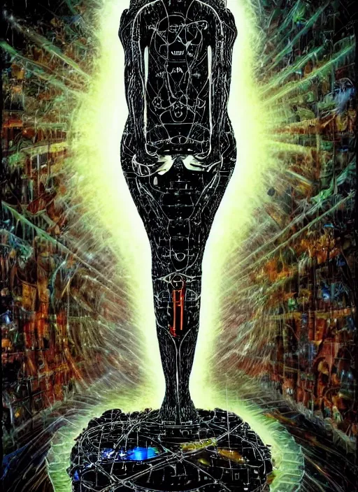 Prompt: a spiritually awakened cyborg wants to help humans free themselves from the chains of mental slavery and authoritarian politicians, surreal technological conceptual art magical cybernetic realism horror visions distopic and utopic art and the same time