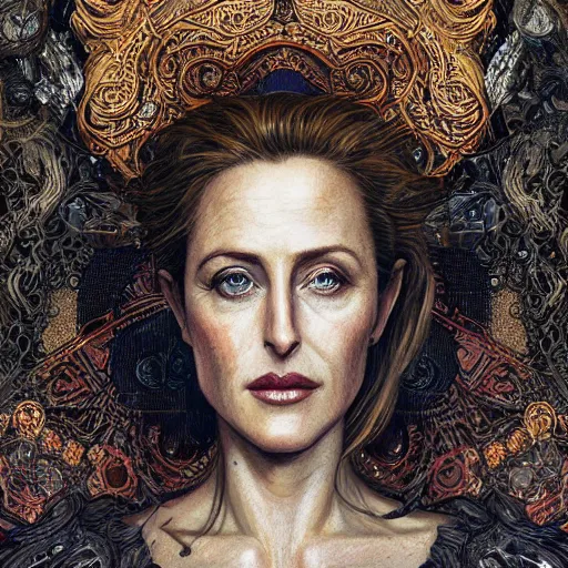 Prompt: portrait of Gillian Anderson dressed in intricate armor , detailed intricate ink illustration, dark atmosphere, detailed illustration, hd, 4k, digital art, overdetailed art, concept art, by greg rutkowski, by loish, complementing colors, Trending on artstation, deviantart