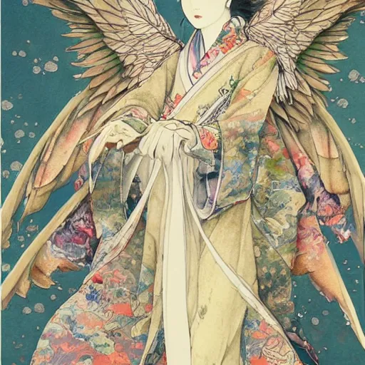 Prompt: highly detailed japanese watercolor painting of an angel in flight, intricate, elegant, digital painting, artstation, ayami kojima