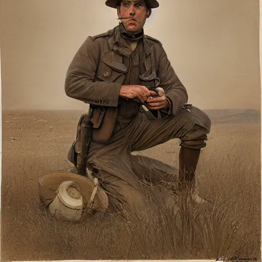 Image similar to a detailed photorealistic sepia - toned color portrait painting of a 1 9 1 7 worried clean - shaven british lieutenant in field gear in north arabia examining an ancient cylindrical clay jar, ultra realistic, intricate details, atmospheric, dark, horror, brooding, highly detailed, by clyde caldwell