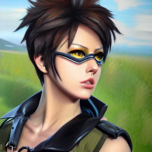 Image similar to oil painting of tracer overwatch in a field wearing very large black leather collar around neck, in style of mark arian, expressive face, very detailed face, very detailed eyes, full body, feminine face, detailed makeup on eyes, tracer overwatch,