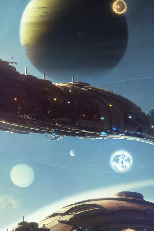 Image similar to steampunk spaceship infront of a planet, exquisite details, denoised, mid view, by karl kopinski, artsation, greg rutkowski, makoto shinkai, takashi takeuchi, studio ghibli