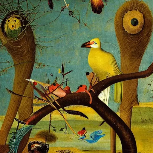 Prompt: A beautiful experimental art of a bird in its natural habitat. The bird is shown in great detail, with its colorful plumage and intricate patterns. The background is a simple but detailed landscape, with trees, bushes, and a river. bright yellow by Jack Davis, by Hieronymus Bosch rich