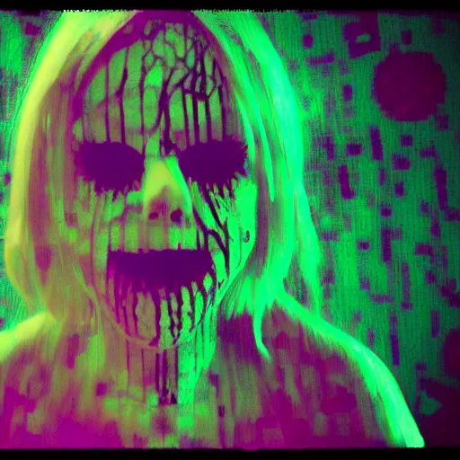 Prompt: terrifying ghost girl, brutal violence, glitchcore datamosh, found footage