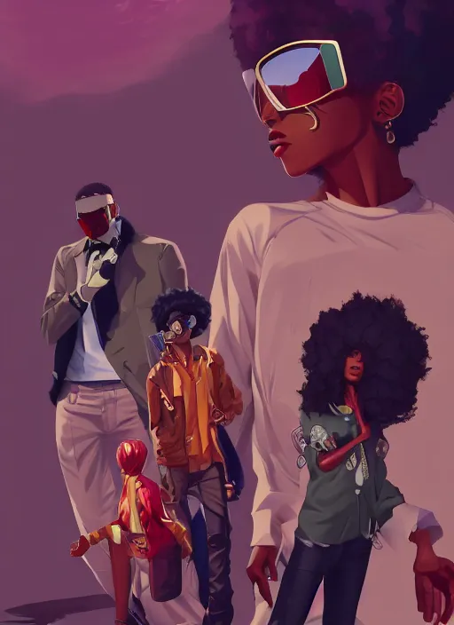 Image similar to afro - futurist gangstas, lavish lifestyle and money, fashionable, jacking the metaverse | hyperrealistic oil painting | by makoto shinkai, ilya kuvshinov, lois van baarle, rossdraws | afrofuturism, in the style of boondocks, trending on artstation | dark color scheme