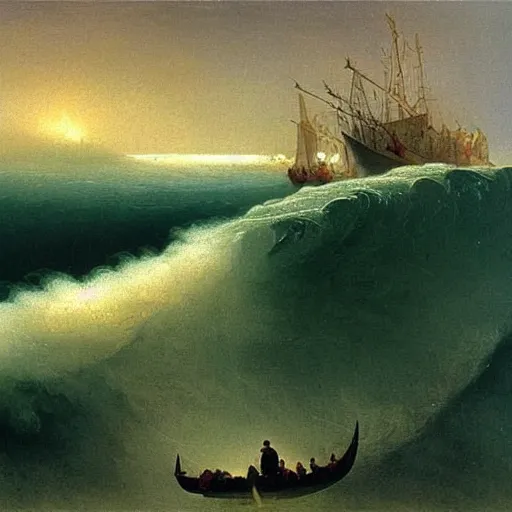 Image similar to the drawing depicts a huge wave about to crash down on three small boats. the boats are filled with people, and they all look terrified. catholicpunk by ivan aivazovsky curvaceous, ornamented