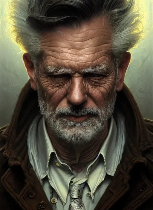 Image similar to closeup portrait shot of an aging detective in a scenic cyberpunk mystery environment, intricate, elegant, highly detailed, centered, digital painting, artstation, concept art, smooth, sharp focus, illustration, artgerm, tomasz alen kopera, peter mohrbacher, donato giancola, joseph christian leyendecker, wlop, boris vallejo