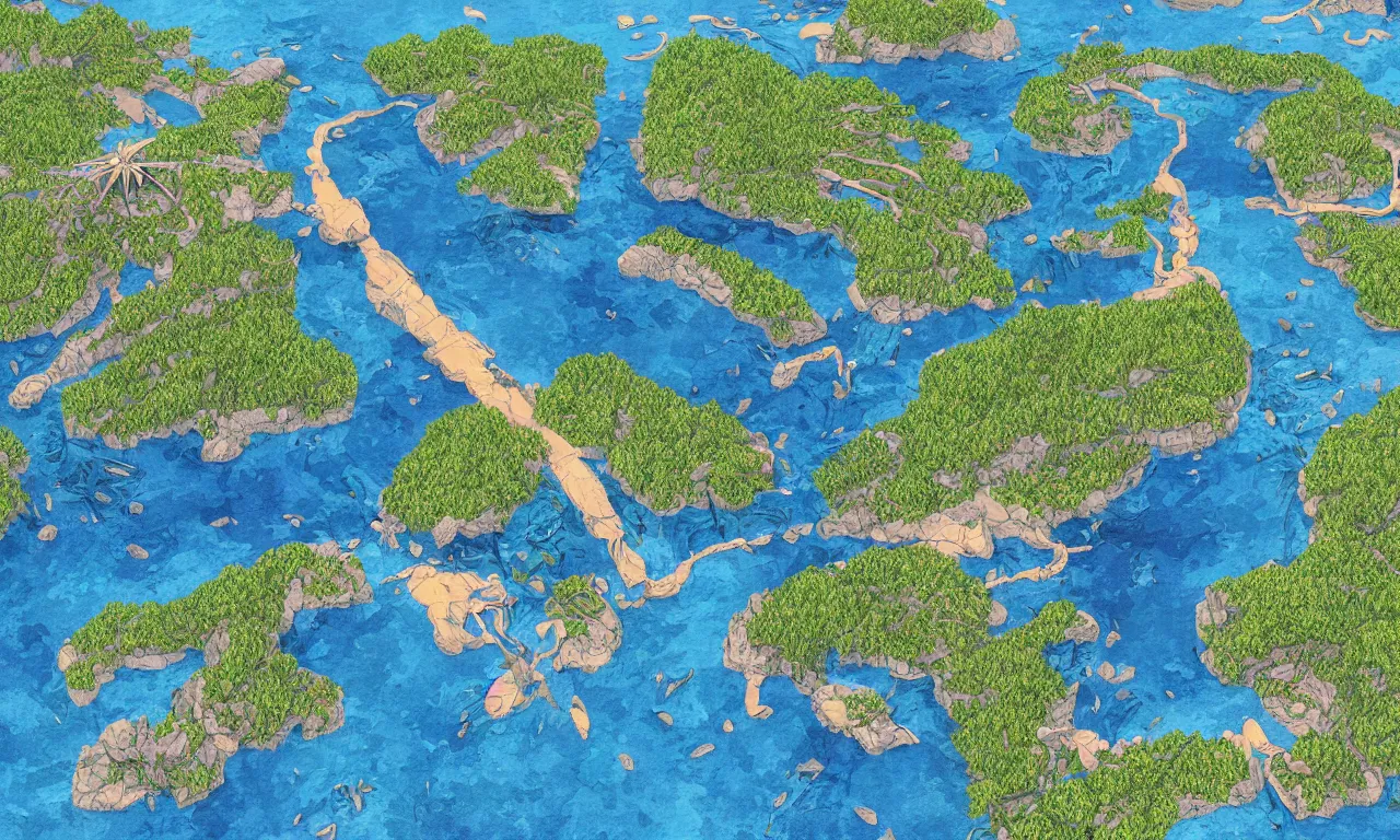 Prompt: archipelago of small islands interconnected by high speed rails, digital art, 3d, illustration