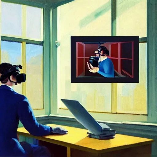 Image similar to A fine art painting of a man wearing Vr goggles dressed in tech wear and creating the metaverse at a desk through a window on a British street. In the style of Edward Hopper and Wes Anderson