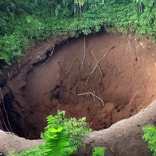 Prompt: a giant sinkhole appeared in the middle of a rainforest, gaping deep hole akin to a black hole rain pours down trees all around