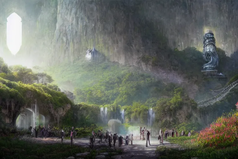 Prompt: Rivendell Himeji hallucination, mazing concept painting, by Jessica Rossier A gleaming white opera hall fortress overlooks a fertile valley, brutalist deak ferrand Jean-pierre Ugarte bases, garden of eden, by HR giger by Beksinski,