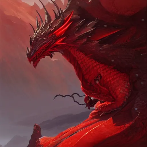 Prompt: a dragon with red scales, guarding of a mountain, highly detailed, digital painting, artstation, concept art, smooth, sharp focus, illustration, art by artgerm, greg rutkowski