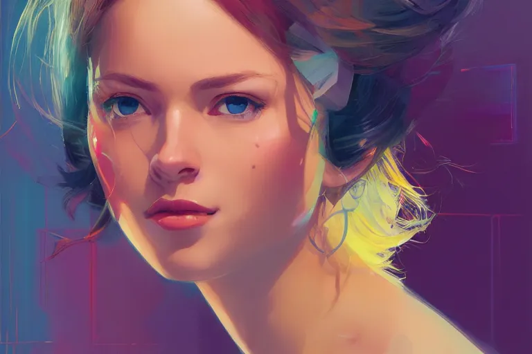 Image similar to half - circuits woman with cute - fine - face, pretty face, multicolored hair, realistic shaded perfect face, fine details by realistic shaded lighting poster by ilya kuvshinov katsuhiro otomo, magali villeneuve, artgerm, jeremy lipkin and michael garmash and rob rey