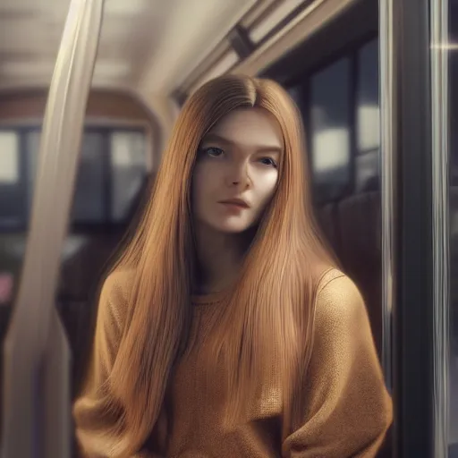 Prompt: beautiful 3 d render of a young woman with long brown hair sitting on a bus hyper realistic intricate concept art trending on artstation