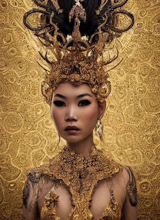 Image similar to a portrait of thai female by stefan geselle and nekro borja, photorealistic, intricate details, hyper realistic, fantasy, elegant, baroque gold headpiece, photorealistic, canon r 3, photography, wide shot, symmetrical features, symmetrical pose, wide angle shot, head to toe, standing pose, feet on the ground, wearable art