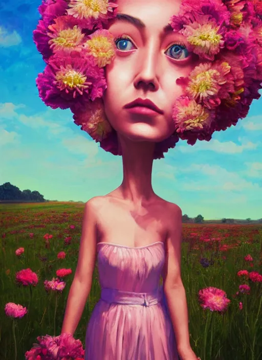 Image similar to portrait of a woman with a giant carnation as a face, flower field, surreal photography, sunset dramatic light, impressionist painting, colorful clouds, blue sky, digital painting, artstation, simon stalenhag