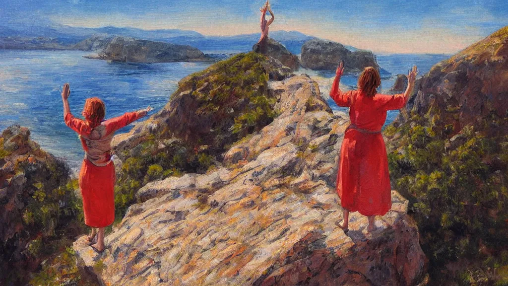 Image similar to adult woman standing on the cliff's end raising hand and praising at the sun, by guillermo lorca
